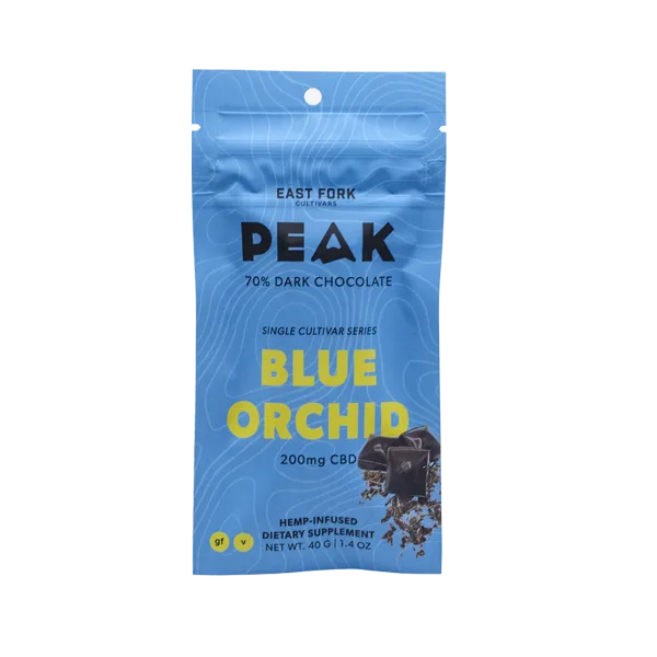 Peak Sour Pineapple Hemp CBD Full-Spectrum Chocolate Bar. Part of our Cultivars Series, this bar is made with full-spectrum extract from our flagship Blue Orchid variety, and is rich in terpenes and minor cannabinoids. Made by hand by our team in our Portland kitchen, this delicious and potent chocolate bar features a 20:1 CBD-to-THC ratio infused in 70% premium dark chocolate.