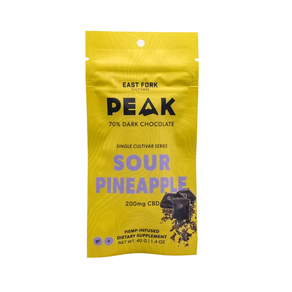 Peak Sour Pineapple Hemp CBD Full-Spectrum Chocolate Bar Part of our Cultivars Series, this bar is made with full-spectrum extract from our flagship Sour Pineapple variety, and is rich in terpenes and minor cannabinoids. Those with an astute pallet may pick out notes of lemon, pine, and sandalwood. Terpinolene is the dominant terpene, accompanied with beta-Myrcene, beta-Caryophyllene, and Ocimene.
