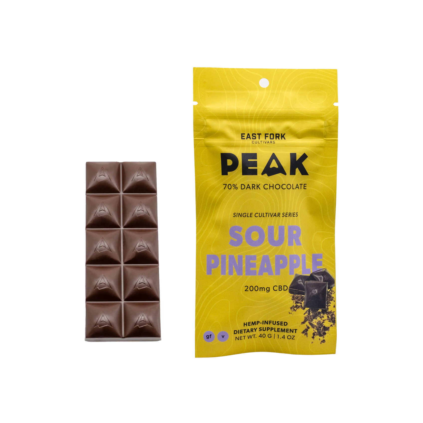 Peak Sour Pineapple Hemp CBD Full-Spectrum Chocolate Bar Part of our Cultivars Series, this bar is made with full-spectrum extract from our flagship Sour Pineapple variety, and is rich in terpenes and minor cannabinoids. Those with an astute pallet may pick out notes of lemon, pine, and sandalwood. Terpinolene is the dominant terpene, accompanied with beta-Myrcene, beta-Caryophyllene, and Ocimene.
